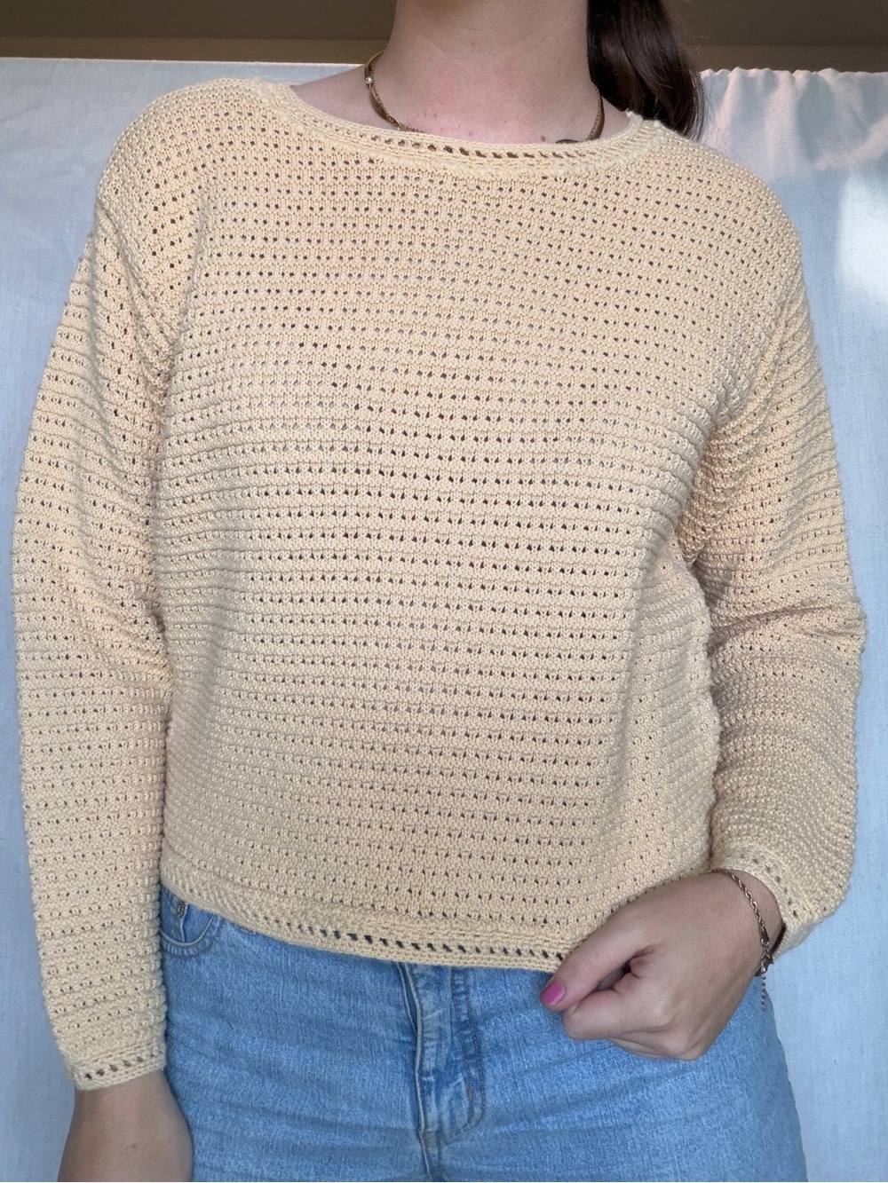 vintage 90s GAP open knit chunky beige butter yellow crewneck sweater size S